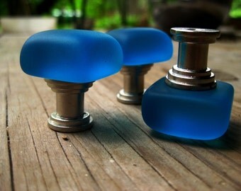 Turquoise deep Aqua seaglass inspired vintage glass drawer pull knob, Tumbled glass for the beach theme home decor