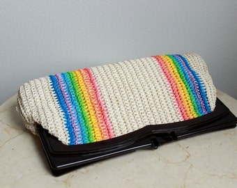 Striped Rainbow Raffia Clutch Root Beer Acrylic ROYGBIV Vintage Handbag Purse