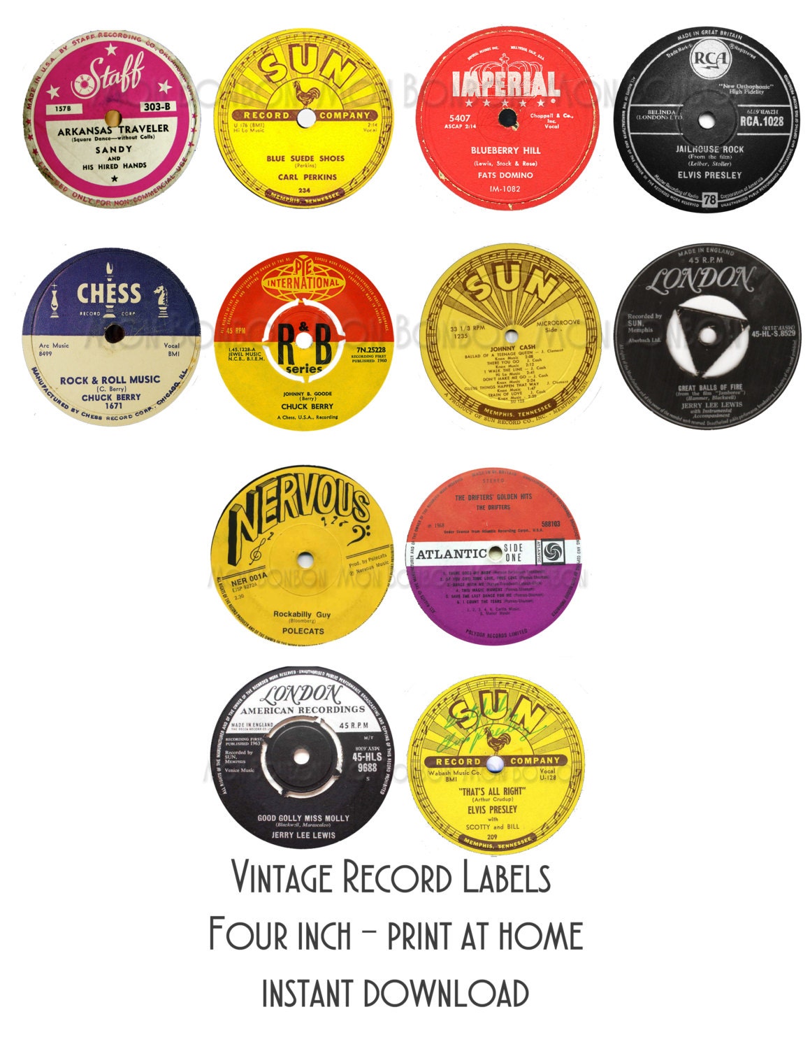 Vintage Record Labels 4 inch Print at Home 50s Party