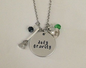 Wicked the Musical inspired necklace - "defy gravity" - Elphaba Glinda - Wicked necklace hand stamped