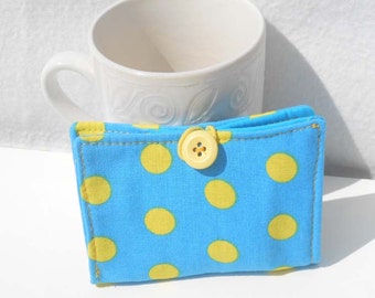 Tea Wallet, Fabric Wallet, Business Card Holder - Aqua Blue and Yellow Polka Dots Wallet