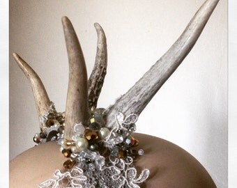 Winter Queen Antler - Woodland Antler headdress with white and smoky crystals, pearls. - To Order