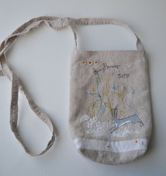 Bag - Purse - Hip-Cross body  : artist orignal hand painted - Hare, Flowers and Bees
