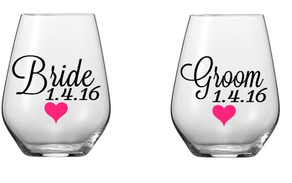 custom bride and groom wine glass decals with heart glasses custom bride and groom wine glass decals with heart glasses