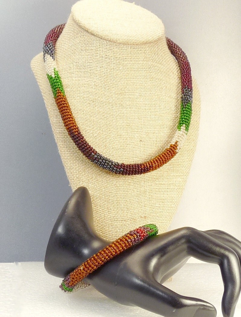 Vintage Woven Seed Bead Necklace & Bracelet
