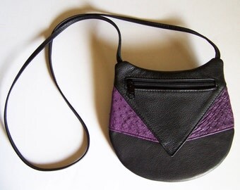 Black Leather Purse with Purple Ostrich Accent - Crossbody Style Festival Bag - Medium Round Handbag