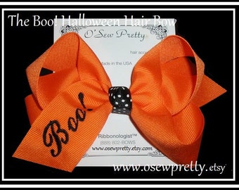 Halloween Hair Bows, embroidered BOO hair bow, Orange and black hair bows, Hair Bows for fall, Monogrammed Boo hair bow, Monogrammed Bows