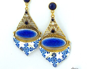Portugal Antique Azulejo Tile Replica Chandelier Earrings - PORTO Blue (see actual Facade photos) - Ceramic Mosaic Persian Bohemian 3"