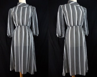 SALE 1970s Striped Secretary Dress Long Sleeve Black White Button Small Medium Day Dress