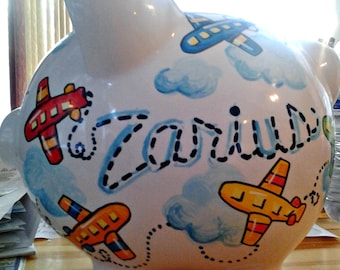 Personalized Piggy Bank Airplane Design Primary Colors Boys Room Handpainted