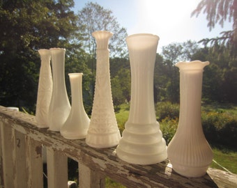 Vintage Set of 6 Milk Glass Vases White Wedding Garden Table Setting Eclectic Variety