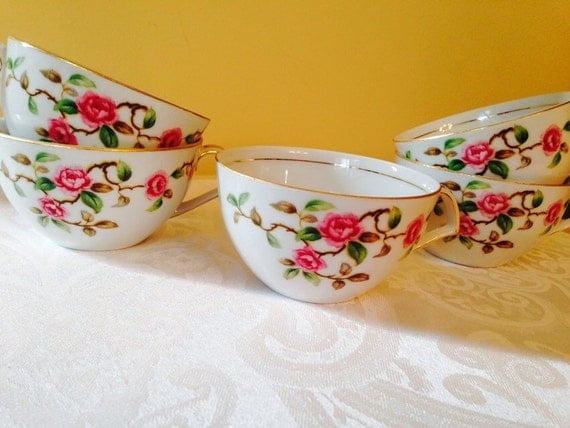 rose china  in tea  cups chic rose shabby kent  coffee vintage made cups, cups, or Vintage