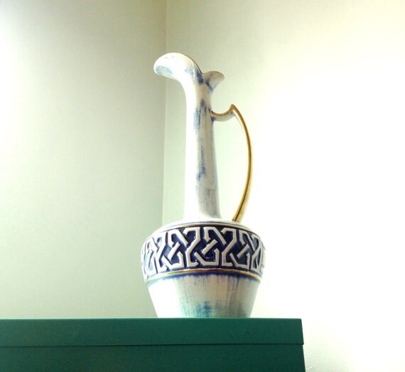 LARGE Greek Revival Blue and Gold Pitcher Vase Stunning