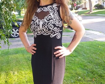 Vintage 80s Dramatic Black and White Ladies Hourglass Maxi Gown Size Medium