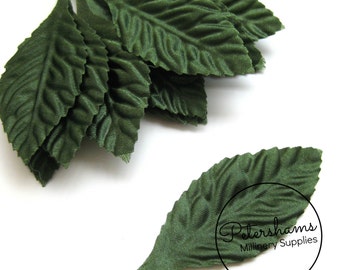 12 Small Green Satin Wired Leaves for Tiara Making, Hat Trimming & Millinery