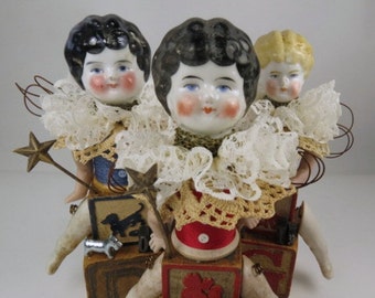Angel "Cat Whiskers" Assemblage Art Doll with Antique Doll Parts and Vintage Blocks