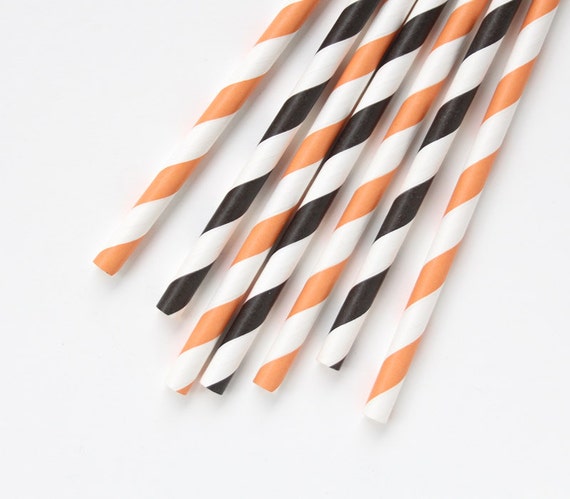 Halloween Mix Paper Straws - Black and Orange Striped Straws (24) Il_570xn