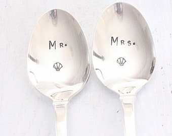 Mr. Mrs. Spoon Set, Seashell Tall Coffee Mug Spoon, Iced Tea Spoon, Coastal Decor, Beach House Kitchen - Ready to Ship