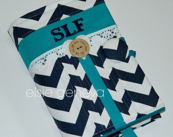 Navy Blue Chevron Teal Accents White Lace Heart Made to Fit Bible or Journal Cover