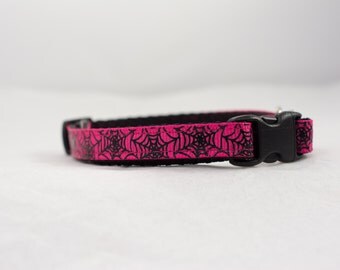 Hot Pink Spider Web Cat Collar - 3/8" wide - breakaway buckle - safety collar - halloween cat collar - kitten collar - pink cat collar - web
