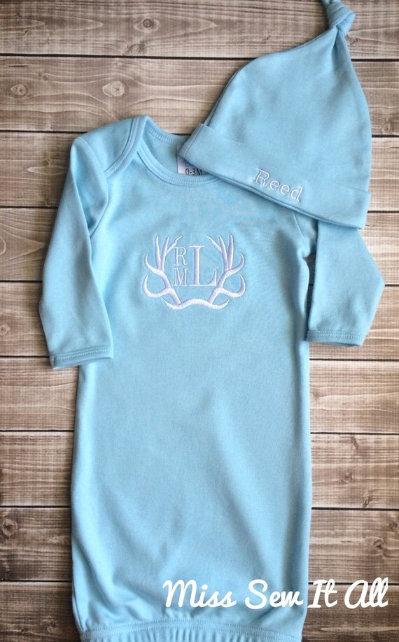 Baby Boy Deer Antler Baby Gown and Hat by MissSewItAllBoutique