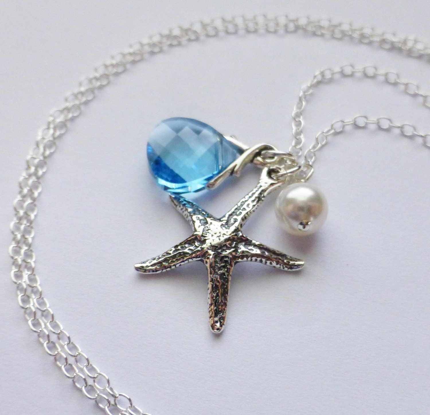 Starfish Charm Necklace Sterling Starfish White Pearl
