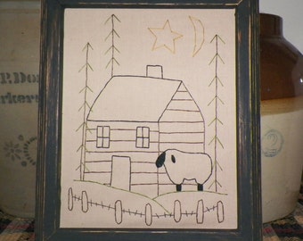 UNFRAMED Primitive Sheep Stitchery Picture Log Cabin Rustic Woods Country Home Decor Decoration 8 x 10 Pine Trees Nature Farm wvluckygirl