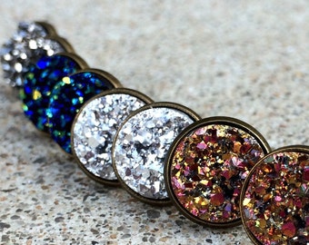 Fake Plugs Earrings - Druzy Faux Plugs - Fake Gauges - Blue Druzy Plugs - Fake Ear Gauges - Galaxy Earrings - Nickel Free Stud Earrings
