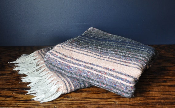 Vintage Large Cotton Mexican Blanket in Gray Indigo and Peach