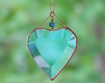 Turquoise and Copper Beveled Glass Heart Suncatcher with Beads