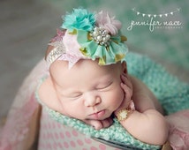 Puttin On the Glitz-- mint pink ivory and gold sparkle ruffle and rose headband - il_214x170.826627312_9sgb