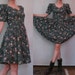 SaLE 80s PUFFED SLEEVE CIRCLE vtg Cotton Full Skirt Sweetheart Neck Mini Drab Green Peach Cotton Deco Floral Dress xs Small 1980s 1950s