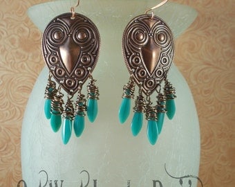 Gypsy Cowgirl Earrings - Copper Findings with Wire Wrapped Turquoise Czech Glass Dagger Beads