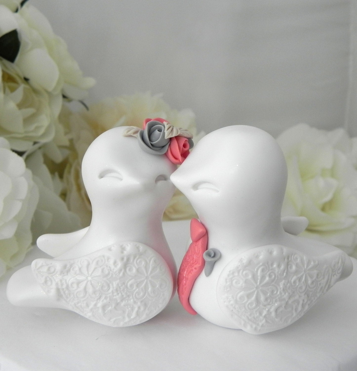 Love Birds Wedding Cake Topper White Coral and Grey by LavaGifts