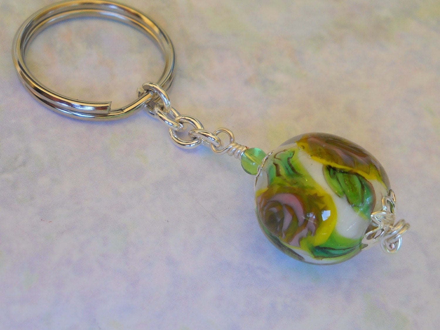 Beaded Keychain Glass Keychain White Pink by TennesseeBumblebee