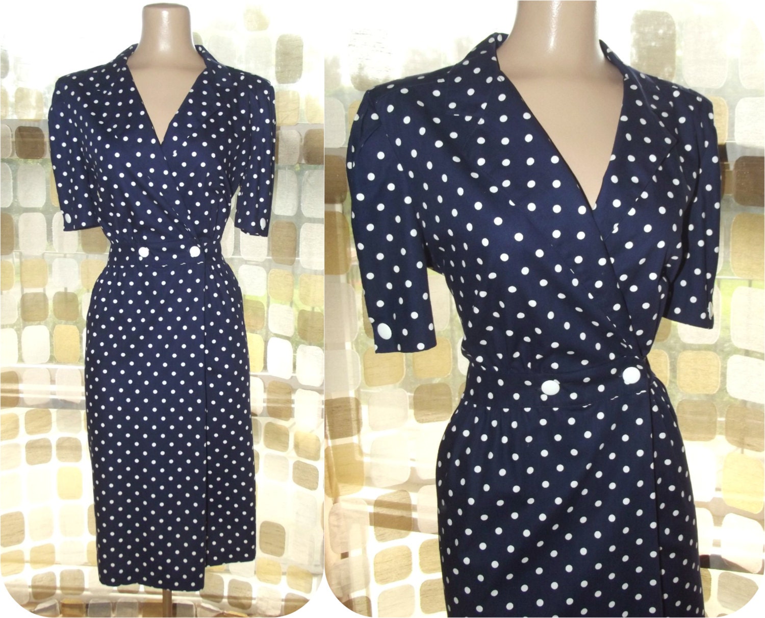 Vintage 80s Navy & White Polka Dot Pencil Dress Wrap Waist