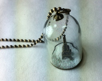 Eiffel Tower Snowglobe Necklace Paris In Winter. Snow globe