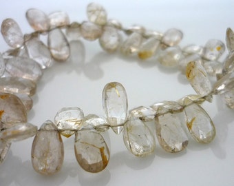 Faceted rutilated quartz briolette beads 8-11mm 1/2 strand