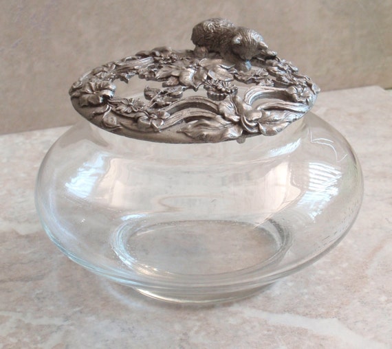 Cat Potpourri Jar Kitty Glass Bowl Pewter Lid by cutterstone