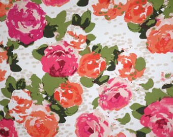 Pink and Melon Orange Muted Floral Print Lightweight Stretch Cotton Sateen Fabric--One Yard