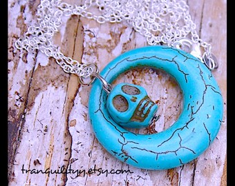 Skull Necklace , Day of the Dead Focal Turquoise Necklace, , Hipster, Scene, Emo, Gothic, By: Tranquilityy