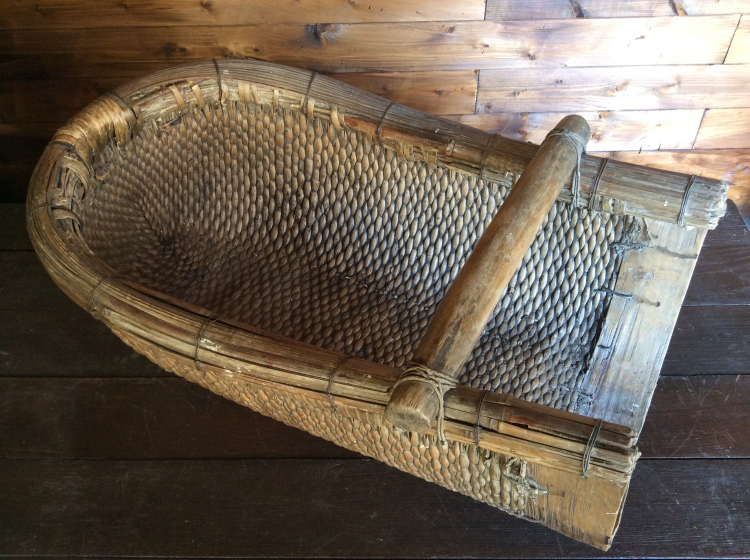Antique French large harvest log firewood woven wood basket circa 1900