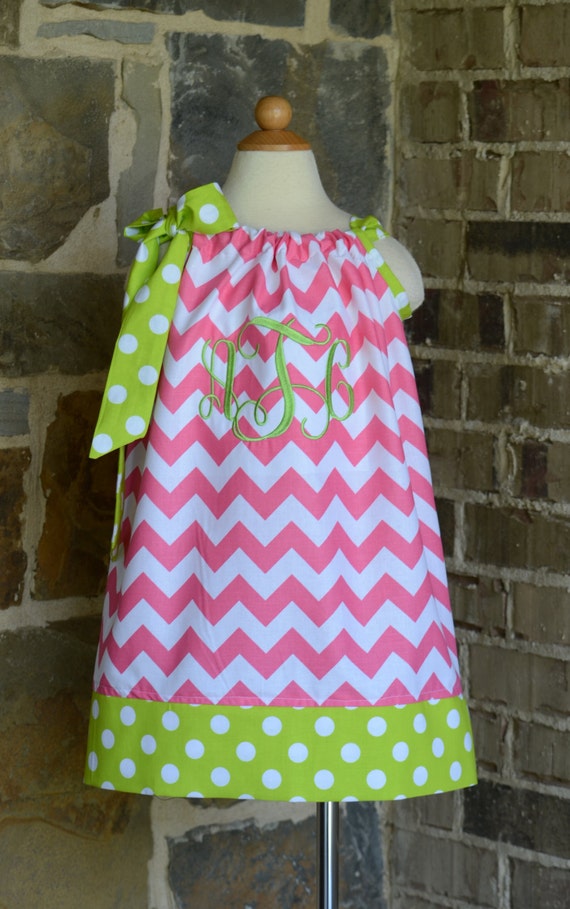 Hot Pink Chevron and Lime Green Polka Monogrammed Pillowcase