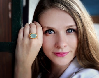 Thick gold ring,large gemstone ring,chalcedony ring,gold filled ring,gemstone ring,semiprecious ring,wide stone ring
