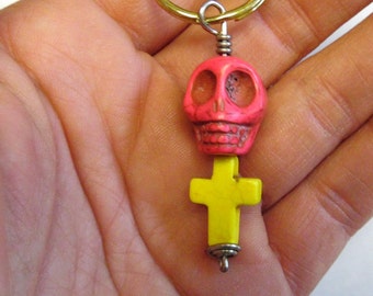 Day Of The Dead Keychain Keyring Sugar Skull Pink Cross