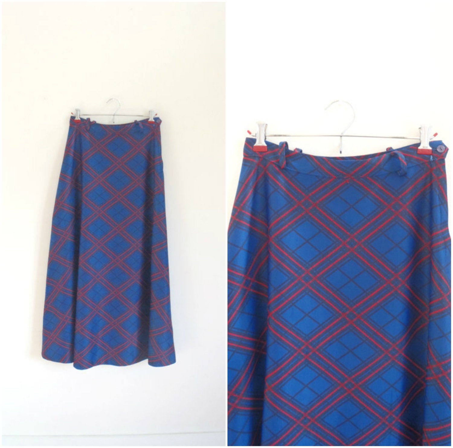 Vintage retro royal blue and red plaid skirt / A-line maxi