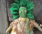 GREEN RAGGEDY DOLL  Green Worm  Doll!! Garden Grubby Summer Farmers Market Up cycled Funky Garden Tomato Tomatoe Pin Keep