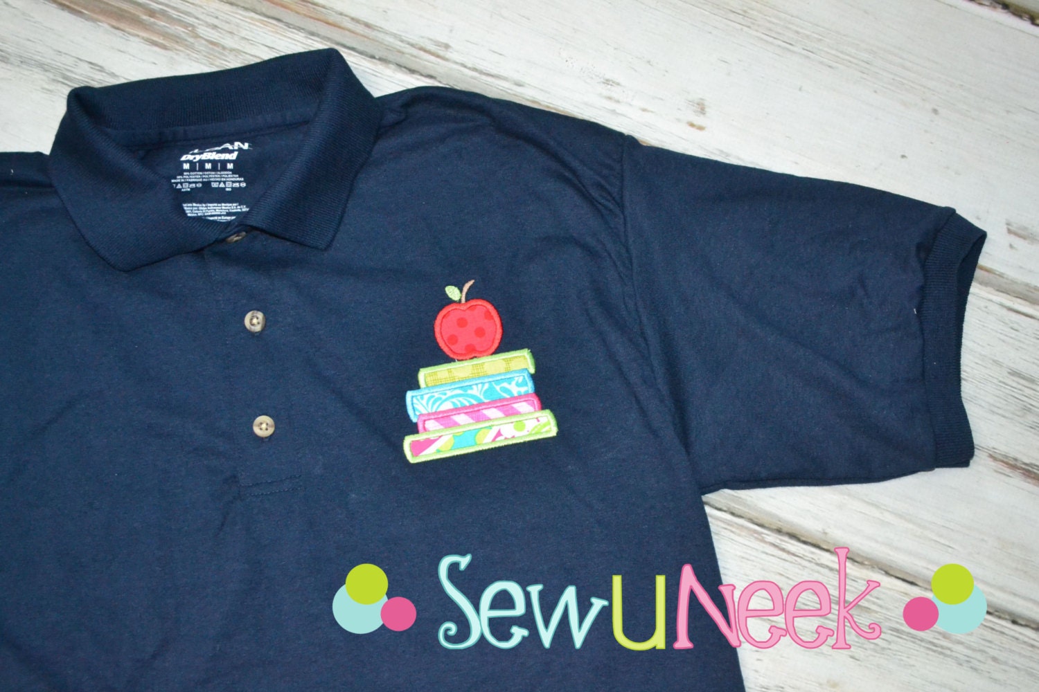 Teacher Polo Shirt Applique Stacked Books