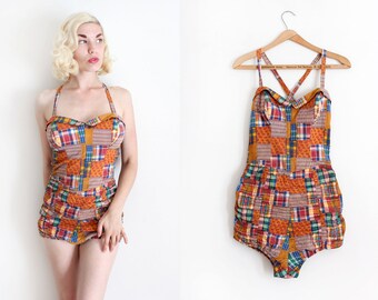 RARE vintage 1950s Catalina swimsuit // 50s patchwork style novelty swimsuit