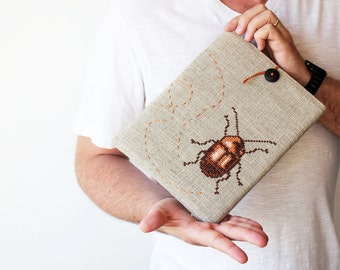 Beetle - iPad 2 3 4 case - Hands embroidery - Grey brown - Rustic - christmas gift